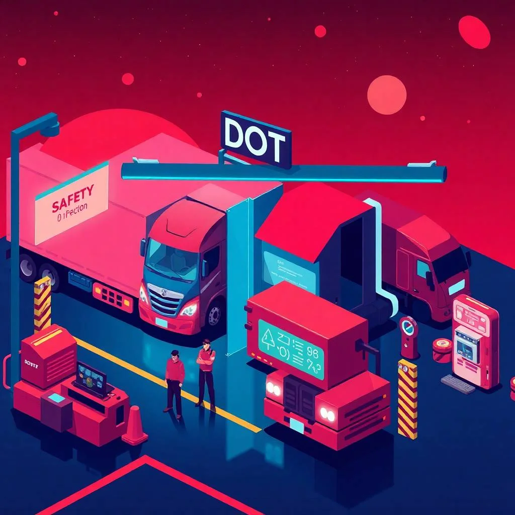 How to Correct FMCSA Violations shown in a futuristic DOT inspection station with glowing red trucks and digital safety checks