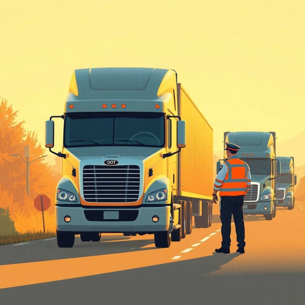 How to Correct FMCSA Violations illustrated as a DOT officer stops a semi-truck for roadside inspection