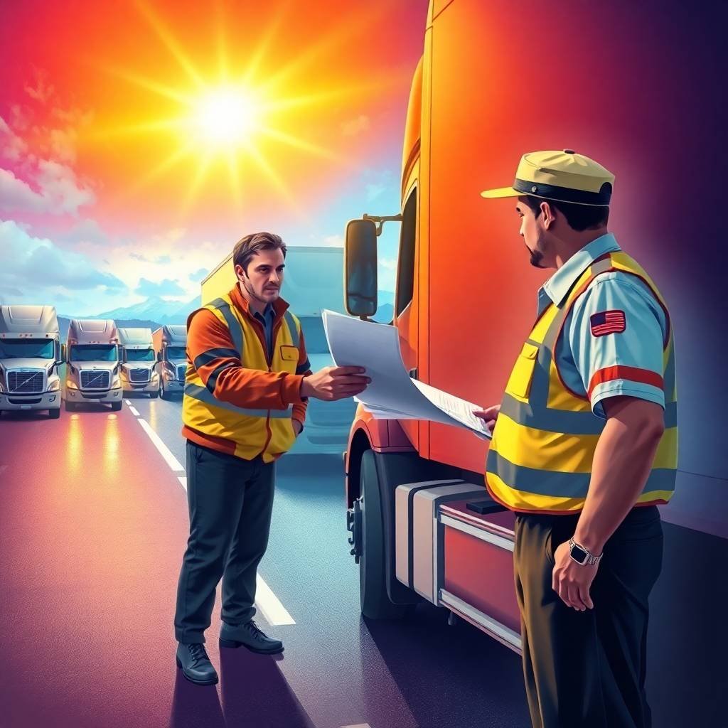How to Correct FMCSA Violations during a roadside inspection as a truck driver presents documents to a DOT officer