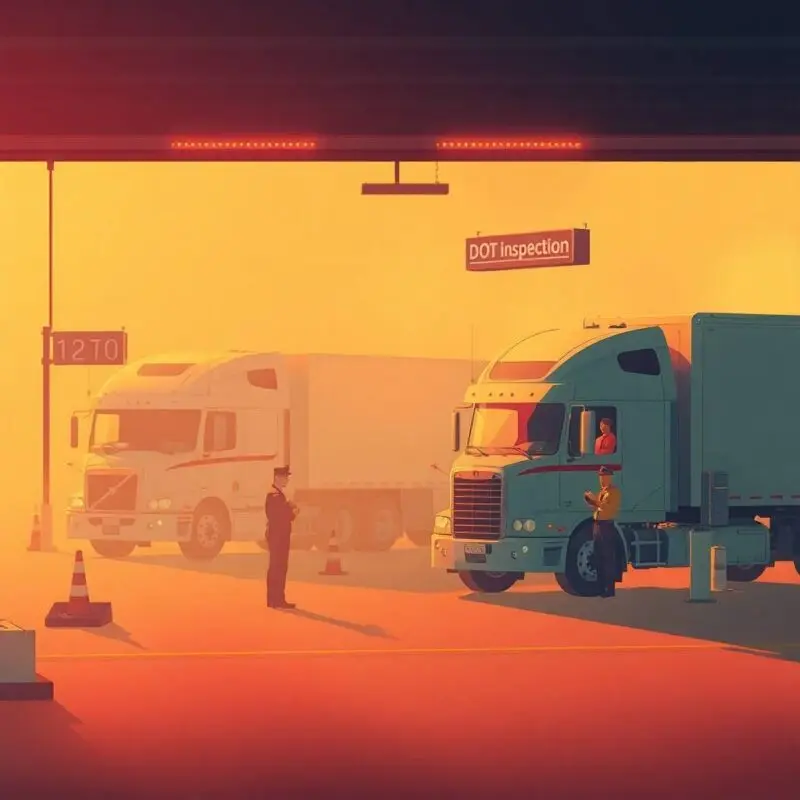 How to Maintain DOT Medical Certificate Compliance illustrated at a futuristic DOT inspection station with officers and trucks