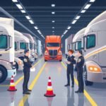 How to Maintain DOT Medical Certificate Compliance with DOT officers inspecting trucks inside modern inspection station
