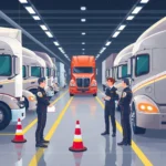 How to Maintain DOT Medical Certificate Compliance with DOT officers inspecting trucks inside modern inspection station