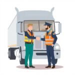 How to Maintain DOT Medical Certificate Compliance illustrated by truck driver and DOT officer shaking hands in front of semi-truck