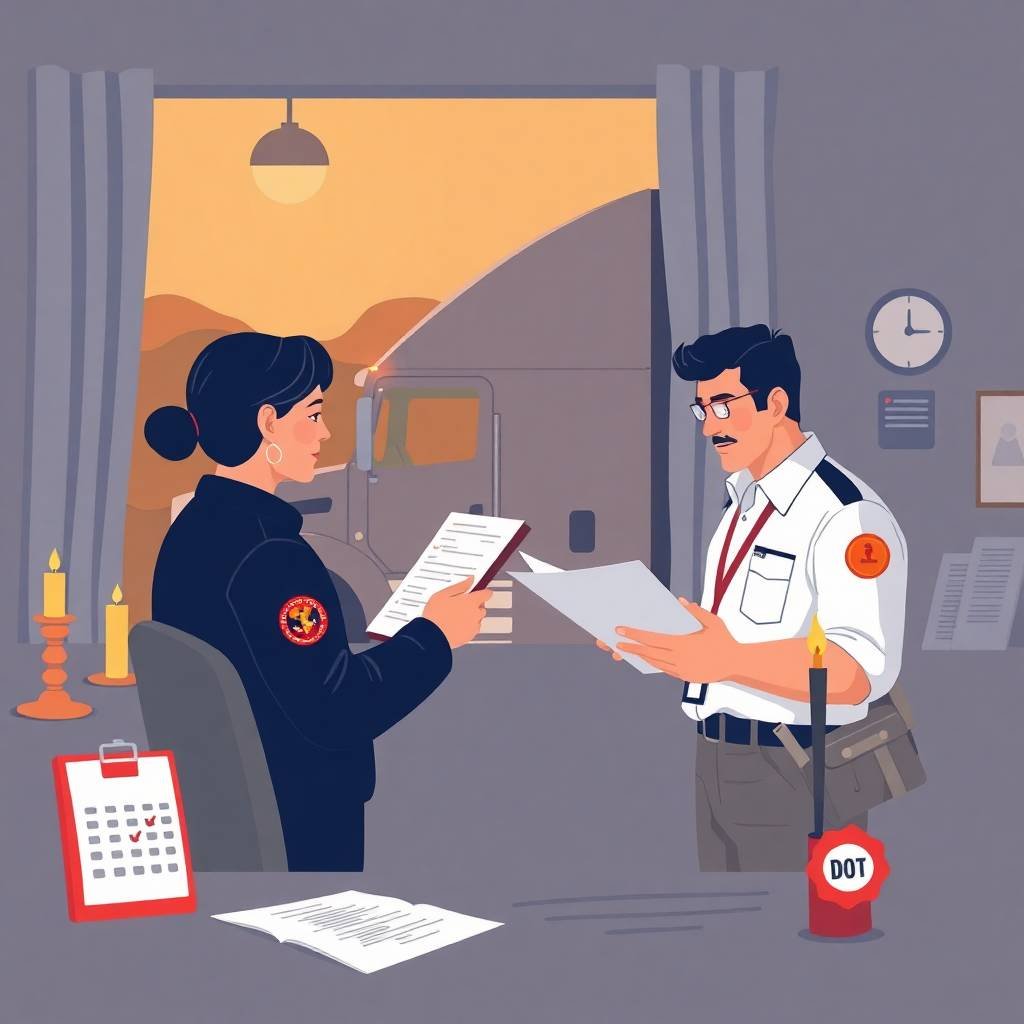 IFTA Filing Requirements reviewed by DOT officer and trucking compliance manager inside a fleet office
