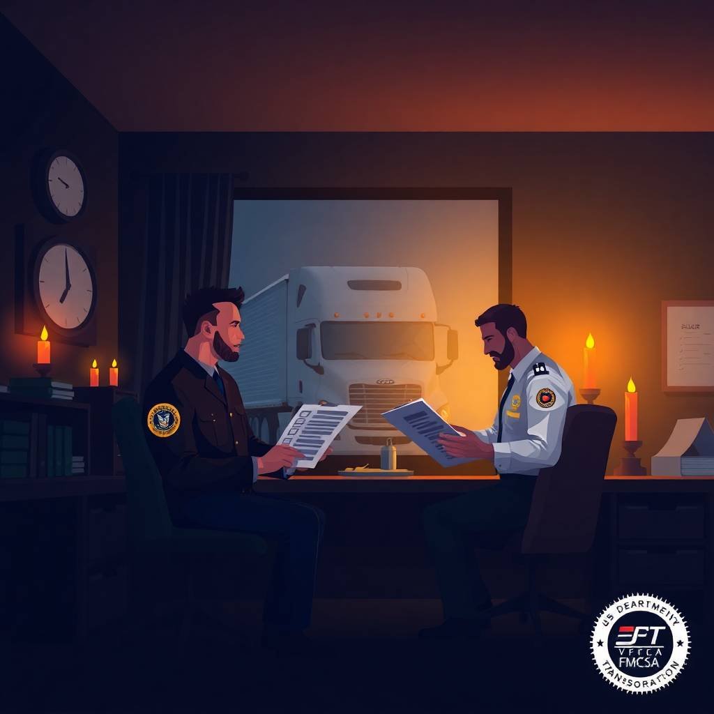 IFTA Filing Requirements being reviewed by a DOT officer and fleet manager in a candle-lit compliance office
