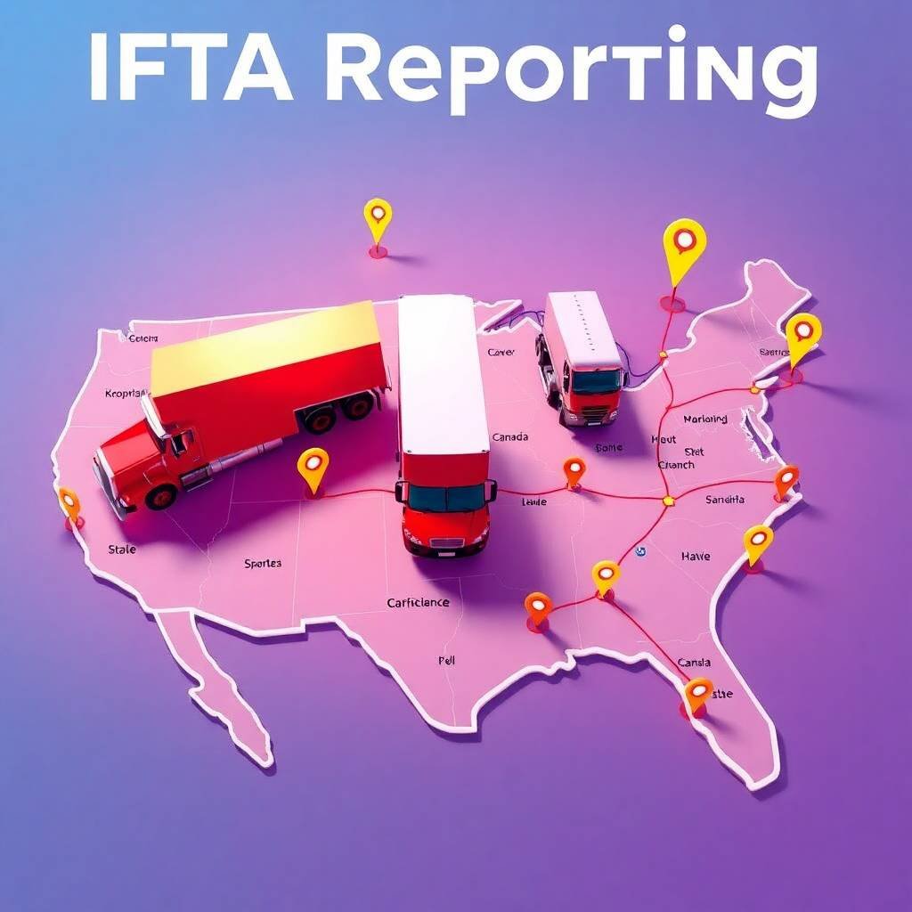 IFTA Filing Requirements illustrated with trucks traveling across a stylized US map with route markers