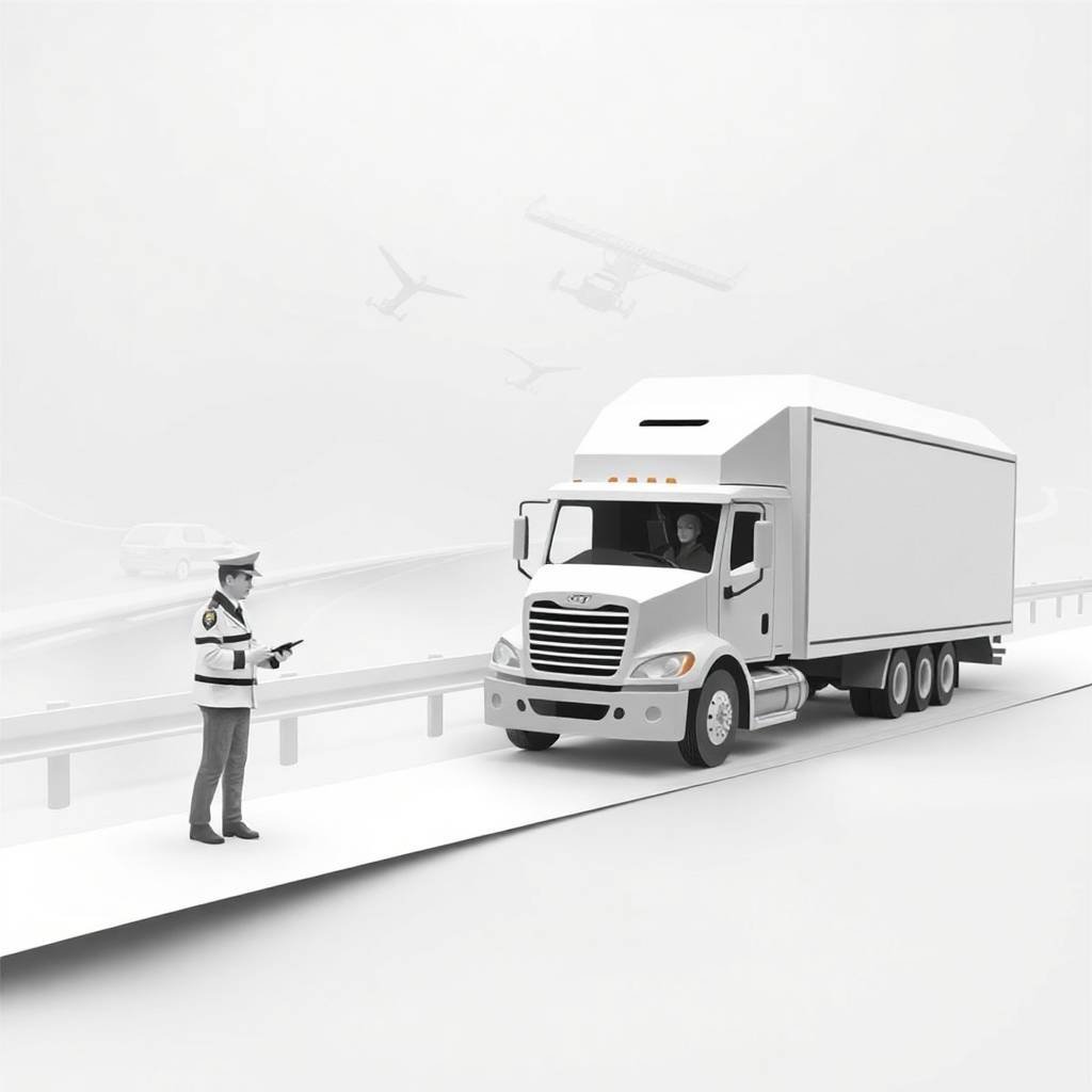 IFTA Filing Requirements depicted through a monochromatic origami-style DOT roadside inspection scene