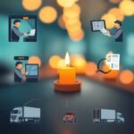 IFTA Filing Requirements visualized through transport compliance icons surrounding a candlelight with trucks and drivers under inspection