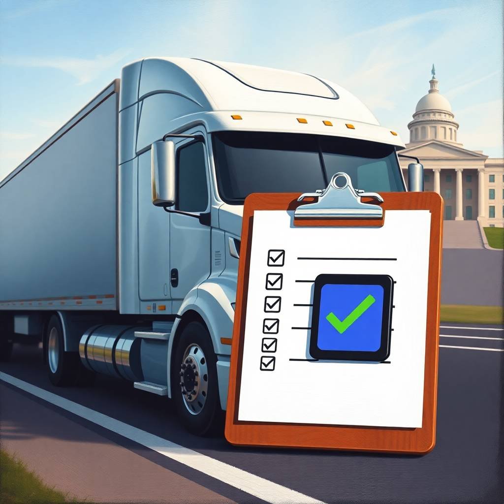 IFTA Filing Requirements illustrated by a checklist in front of a semi-truck near a government building