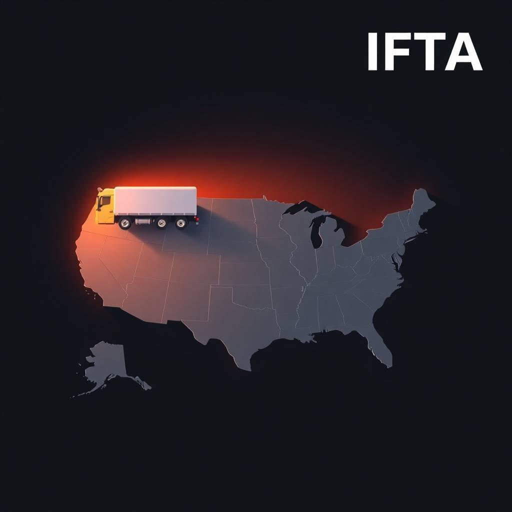 IFTA Filing Requirements illustrated with a spotlighted truck on a dark stylized US map