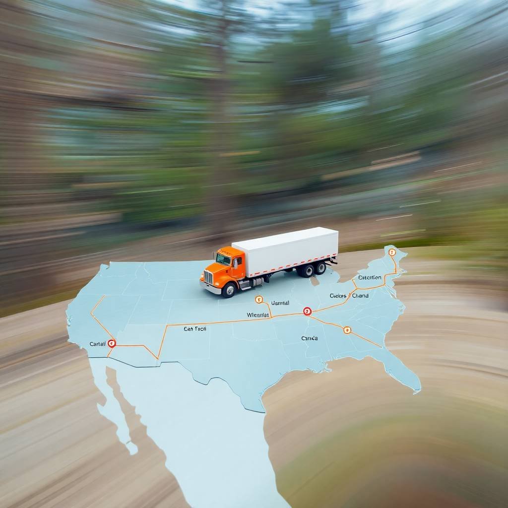 IFTA Filing Requirements illustrated by a truck driving over a stylized map with fuel route markers
