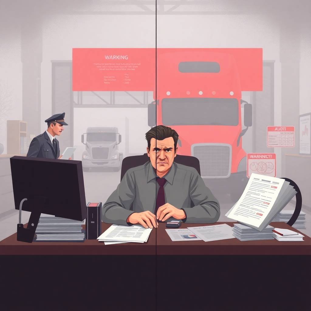 IFTA Filing Requirements illustrated through a stressed trucking owner facing audit paperwork and compliance issues