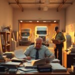 IFTA Filing Requirements illustrated by a trucking company owner reviewing paperwork during an audit under warm golden-hour lighting
