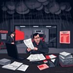 IFTA Filing Requirements depicted through a dramatic illustration of a stressed trucking owner facing audits and penalties