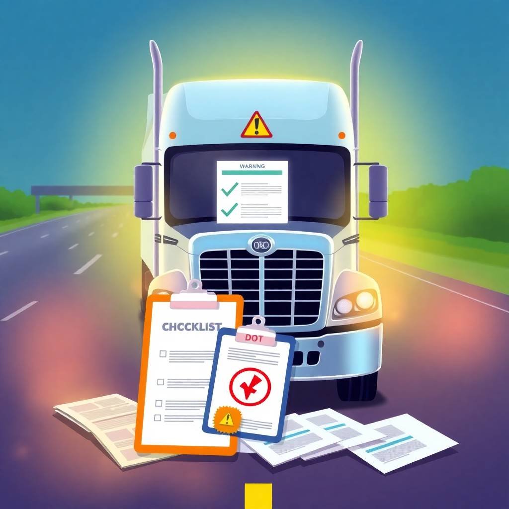 IFTA IRP BOC 3 Support compliance warning with DOT checklist in front of a semi-truck on the highway.