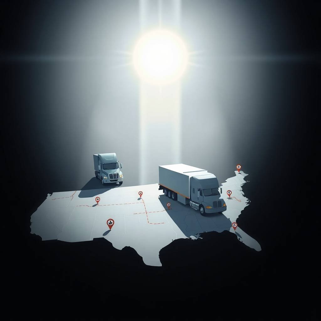 Illustration of trucks on a US map with route markers representing Interstate vs Intrastate Carrier Compliance.
