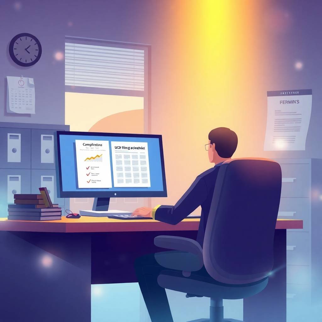 Compliance officer reviewing UCR filing checklist and records on a desktop monitor for Interstate vs Intrastate Carrier Compliance.