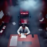 Interstate vs Intrastate Carrier Compliance officer reviewing UCR filing documents in a foggy trucking company office
