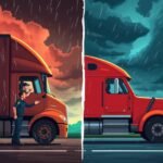 Interstate vs Intrastate Carrier Compliance illustrated with a dramatic split view of two semi-trucks under contrasting conditions