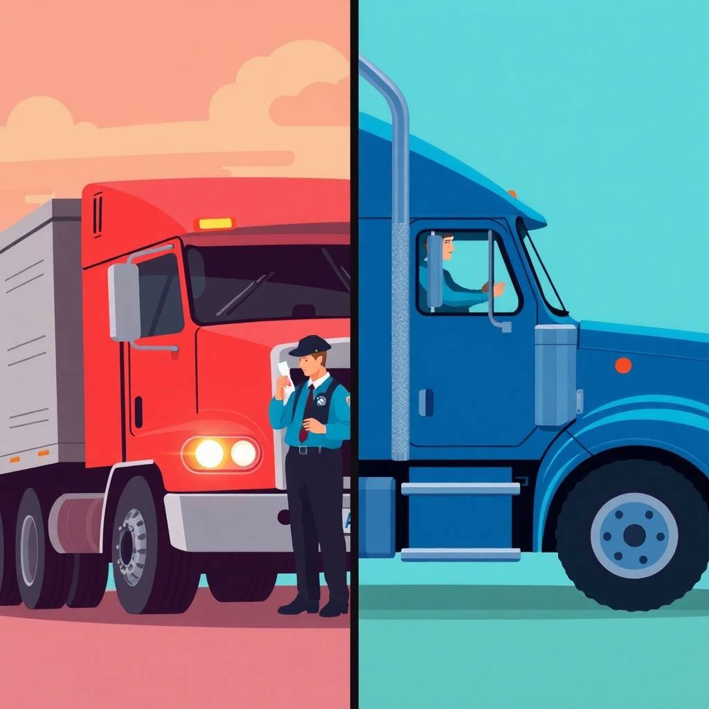 Split-screen illustration comparing DOT inspection of a red truck and a confident blue truck driver to represent Interstate vs Intrastate Carrier Compliance.