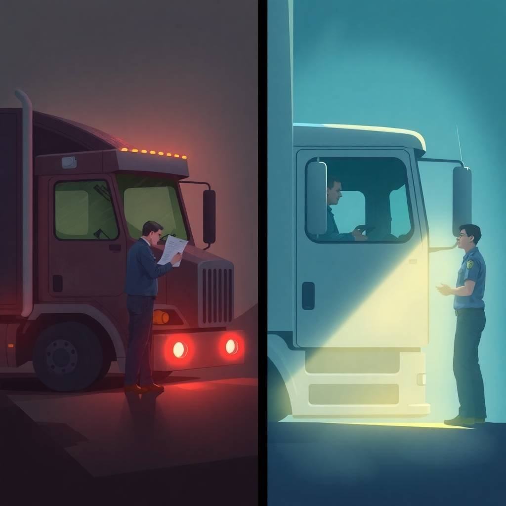Split scene showing truck inspections representing Interstate vs Intrastate Carrier Compliance, with contrasting lighting and officer interactions.