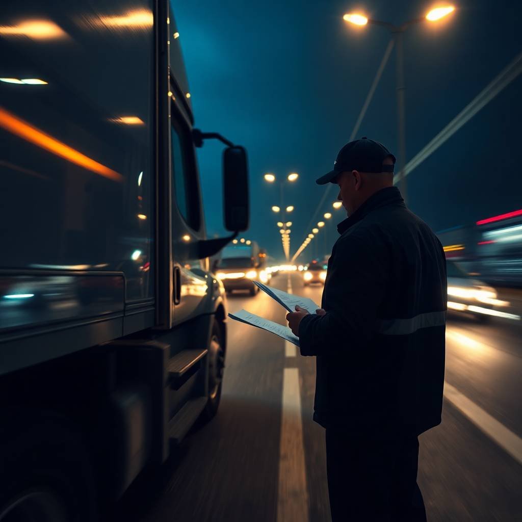 Officer performing nighttime truck inspection on highway to ensure Interstate vs Intrastate Carrier Compliance.