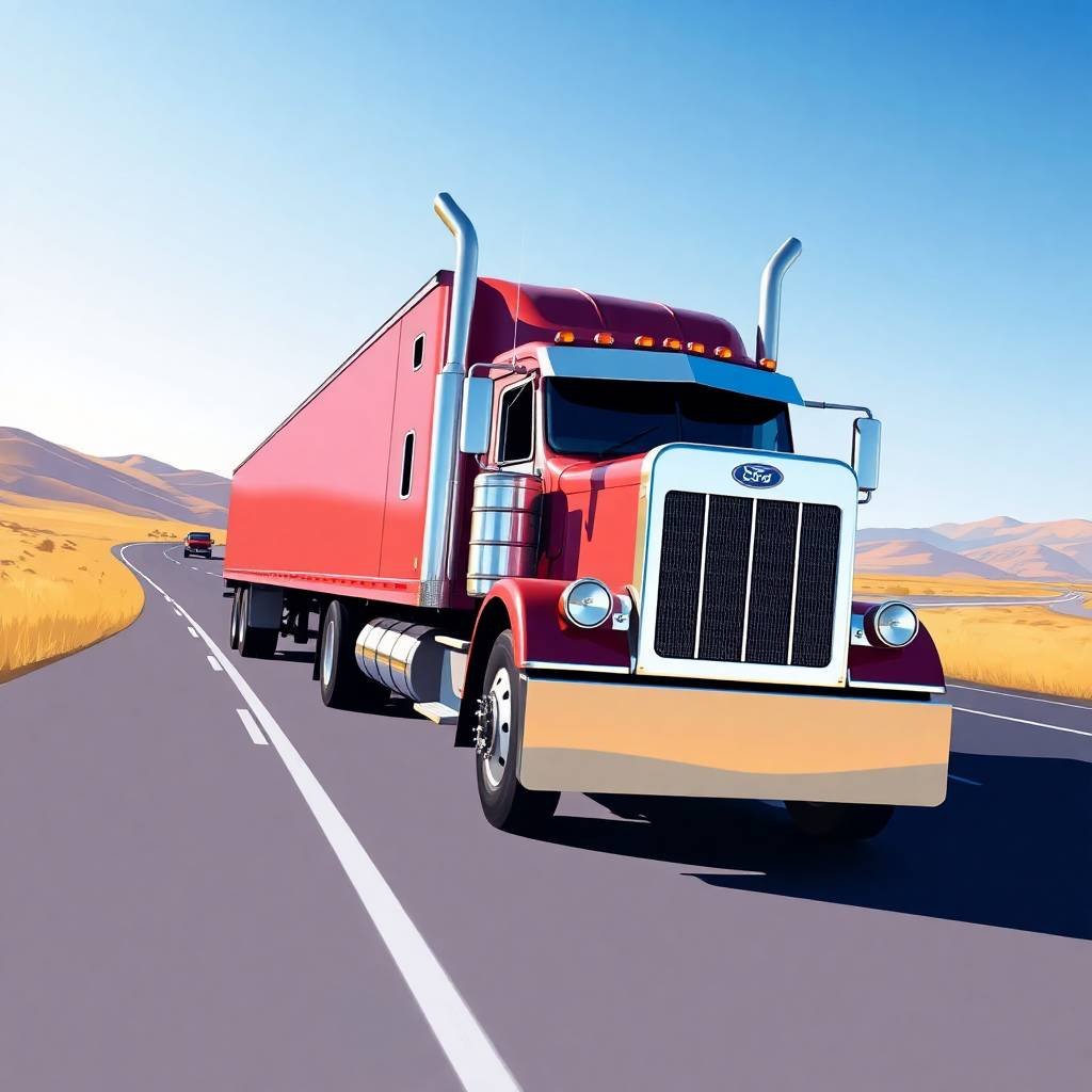New Entrant Safety Audit Survival Tips visualized through a stylized close-up of a classic red semi-truck driving on a scenic highway.