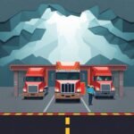 New Entrant Safety Audit Survival Tips illustration showing trucks and DOT officers at an inspection station