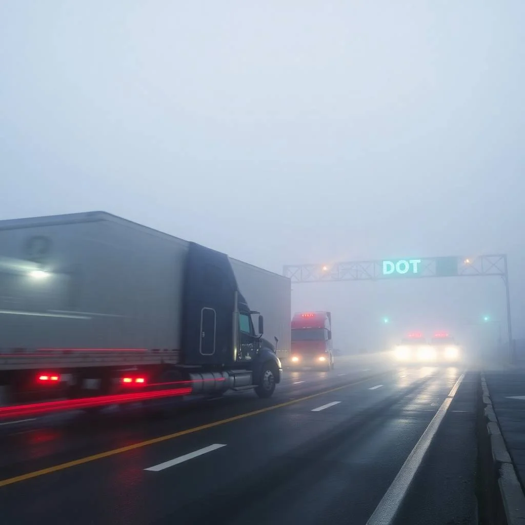 New Entrant Safety Audit Survival Tips at a foggy DOT inspection station with semi-trucks and light trails.