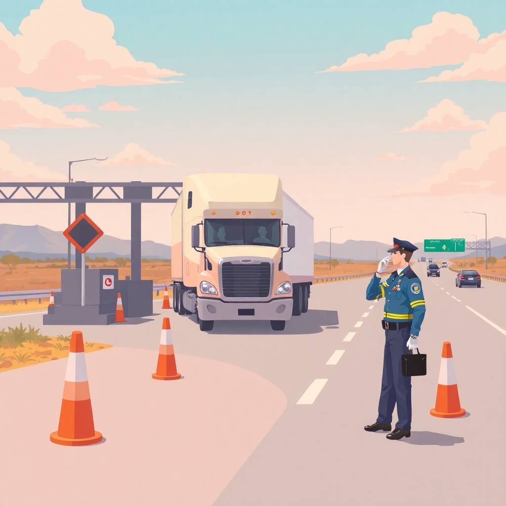 New Entrant Safety Audit Survival Tips illustrated with a semi-truck pulled over at a DOT weigh station as an officer communicates roadside.