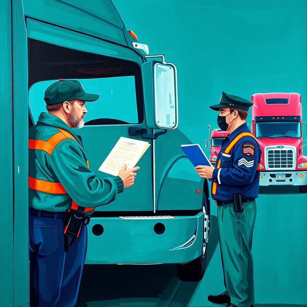 New Entrant Safety Audit Survival Tips shown with a truck driver handing documents to a DOT officer during an inspection.