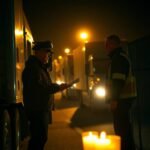 New Entrant Safety Audit Survival Tips shown during a nighttime roadside DOT inspection with a driver and officer exchanging documents