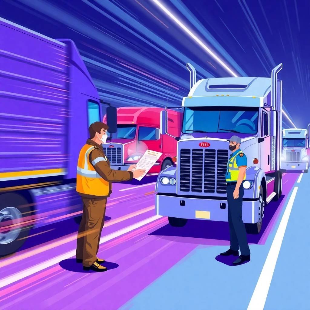 New Entrant Safety Audit Survival Tips featuring a truck driver handing documents to a DOT officer on a vibrant highway.