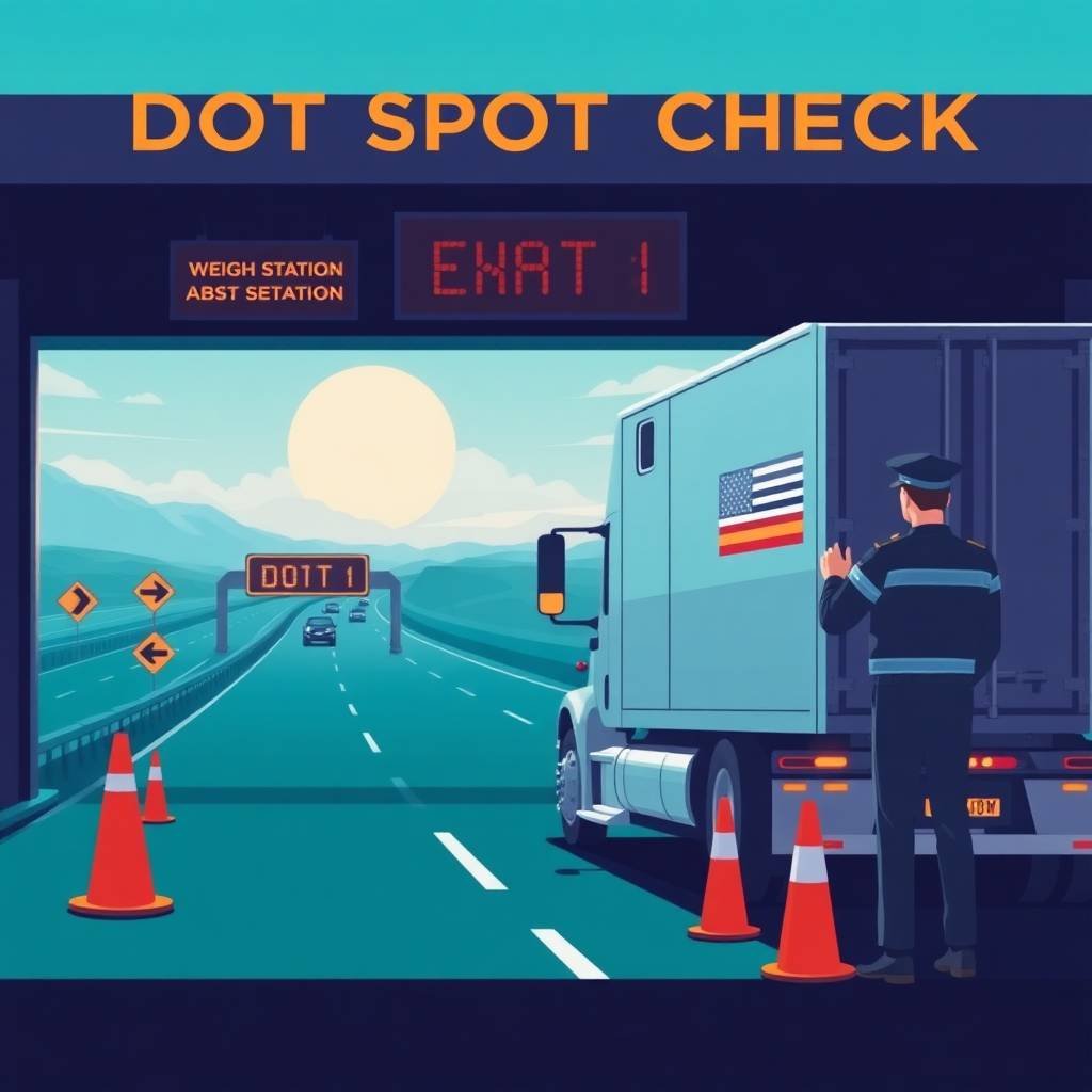 New Entrant Safety Audit Survival Tips illustrated with a semi-truck stopped at a DOT spot check weigh station under a teal sky.