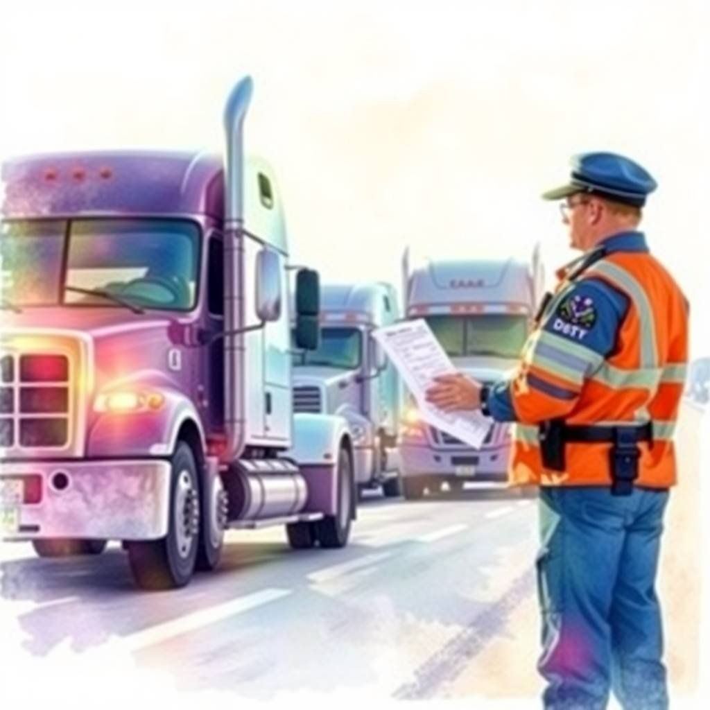 New Entrant Safety Audit Survival Tips visualized as a DOT officer reviewing documents from a truck driver during roadside inspection.