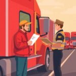 New Entrant Safety Audit Survival Tips illustrated with a truck driver handing documents to a DOT officer at a roadside inspection