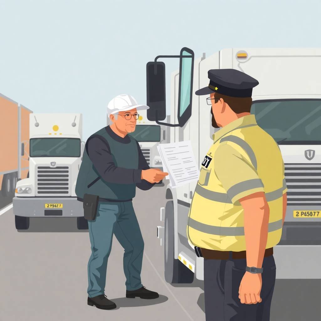 New Entrant Safety Audit Survival Tips illustrated with a truck driver handing documents to a DOT officer during a roadside inspection.