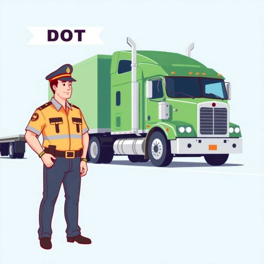 New Entrant Safety Audit Timeline illustrated with DOT officer inspecting a green semi-truck on a light background