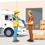 New Entrant Safety Audit Timeline showing a driver and dock worker exchanging a clipboard beside a white semi-truck