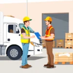 New Entrant Safety Audit Timeline showing a driver and dock worker exchanging a clipboard beside a white semi-truck