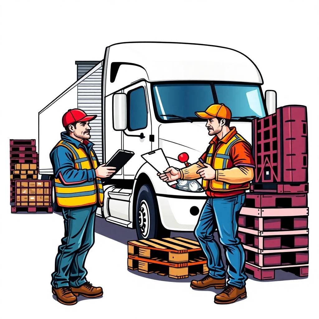 New Entrant Safety Audit Timeline showing a truck driver and dockworker exchanging paperwork beside a white semi-truck at a warehouse dock