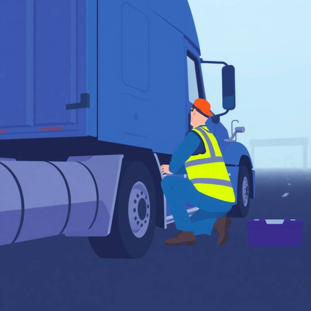 New Entrant Safety Audit Timeline illustrated with a driver inspecting a semi-truck tire on a foggy highway