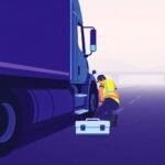 New Entrant Safety Audit Timeline depicting a truck driver in a high-visibility vest checking a semi-truck tire on a foggy highway with a toolbox nearby