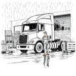 New Entrant Safety Audit Timeline showing a truck driver holding a clipboard in front of a semi-truck at a warehouse dock in the rain