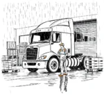 New Entrant Safety Audit Timeline showing a truck driver holding a clipboard in front of a semi-truck at a warehouse dock in the rain