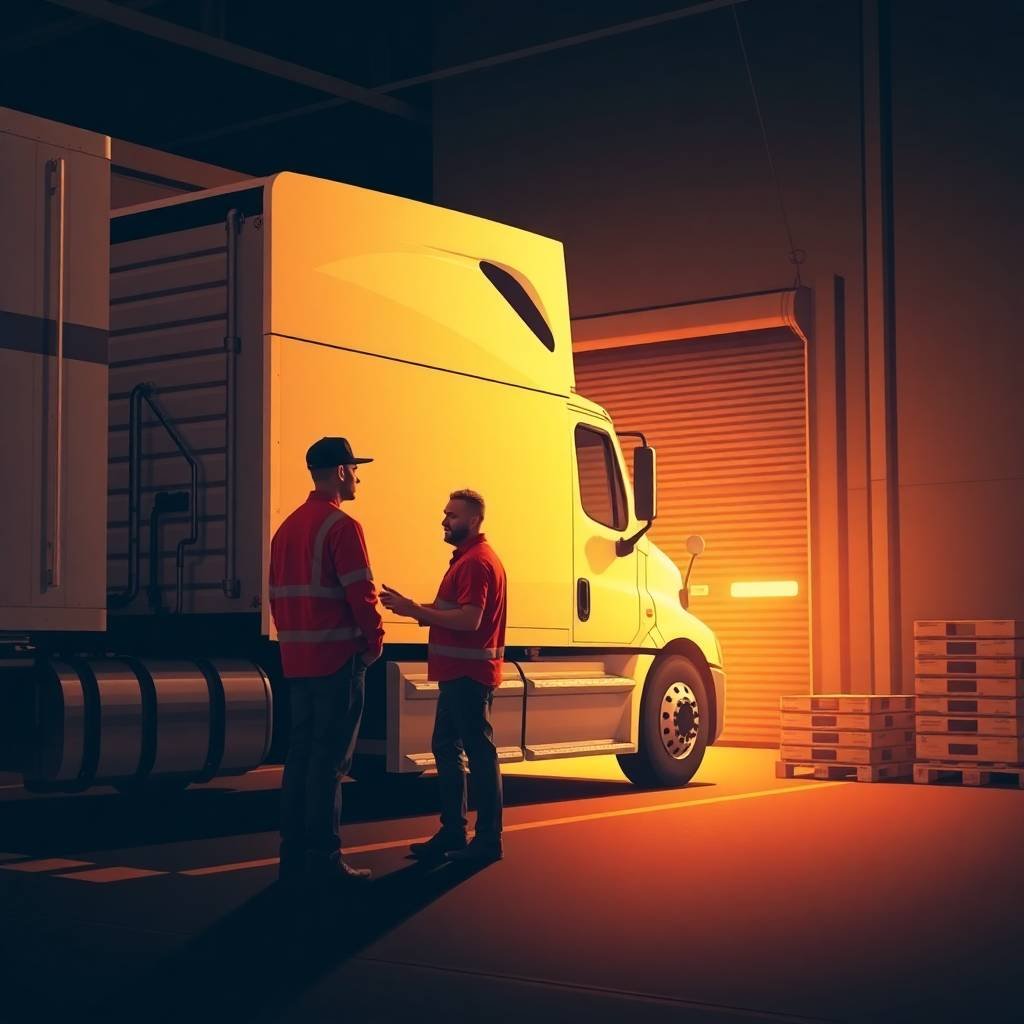New Entrant Safety Audit Timeline showing a truck driver and dockworker discussing beside a white semi-truck at a warehouse dock during evening hours