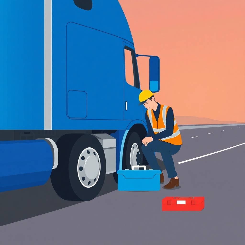 New Entrant Safety Audit Timeline showing a truck driver crouching beside a blue semi-truck on the highway, inspecting the tire with toolboxes nearby