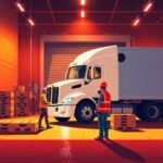 New Entrant Safety Audit Timeline showing a dock worker and truck driver inspecting a white semi-truck at a warehouse dock