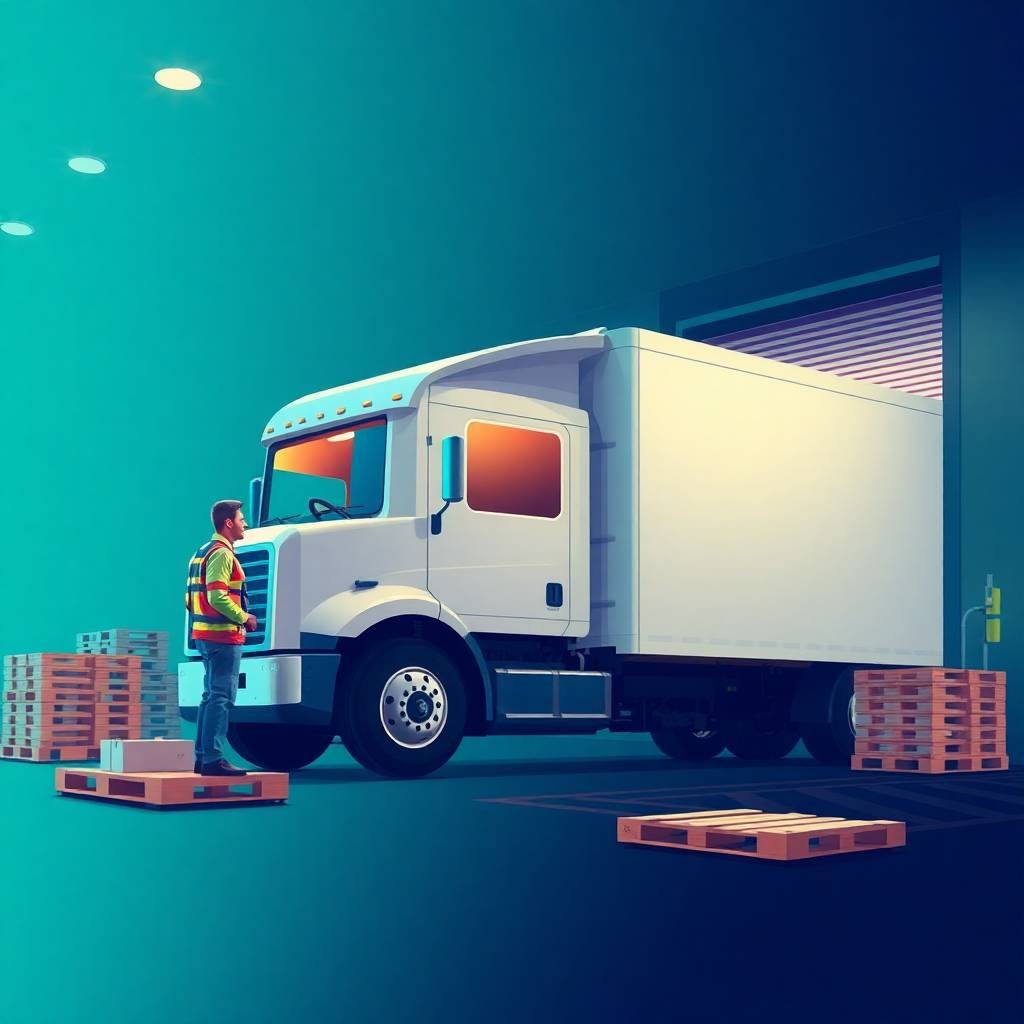 New Entrant Safety Audit Timeline showing a truck driver standing near a white box truck at a warehouse dock surrounded by pallets under teal lighting
