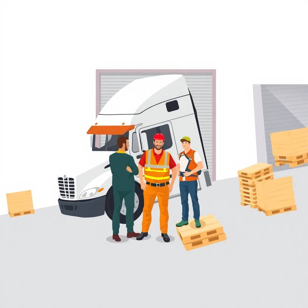 New Entrant Safety Audit Timeline illustrated with a truck driver, warehouse worker, and supervisor meeting beside a semi-truck at a loading dock